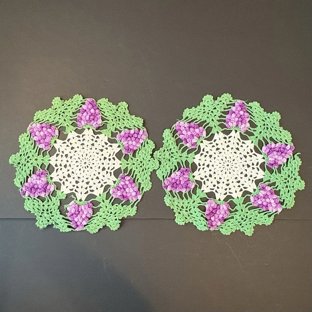Vintage (2) Handmade Crochet Doily 3D Purple Grape Cluster Design 10.5